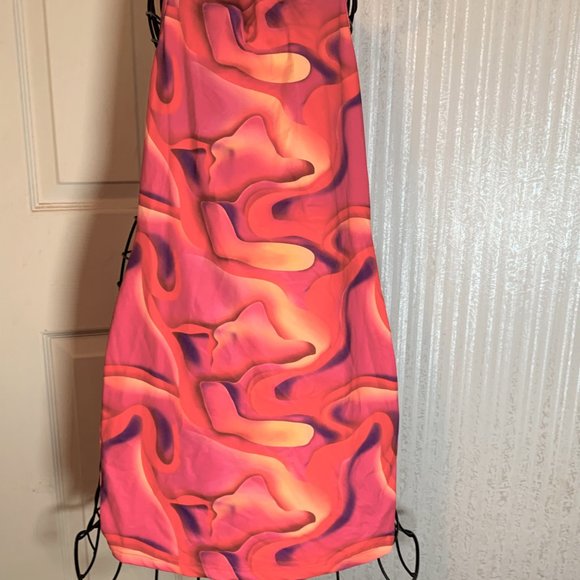 WOMENS - NWOT XS SHEIN ICON Splash Print Tie Back Bodycon Dress pink red orange - Picture 5 of 10